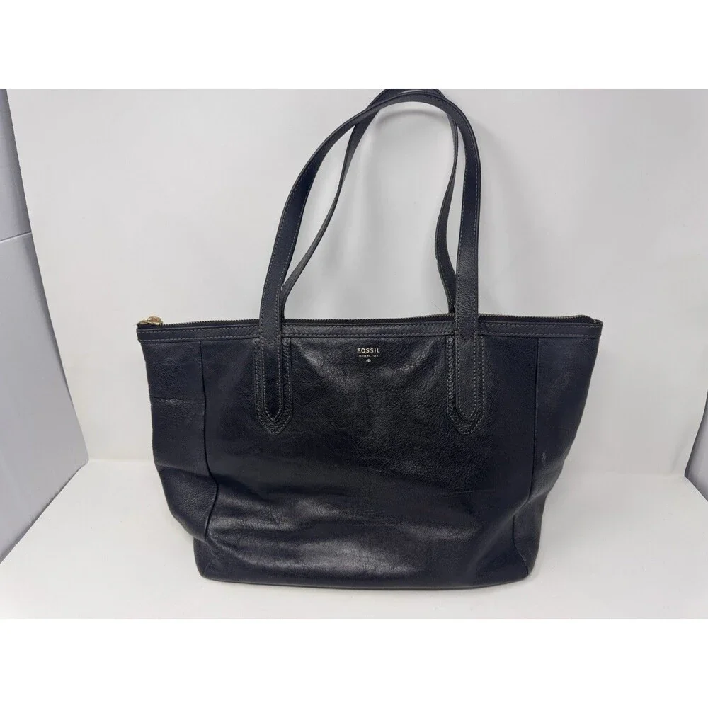 Fossil Black Leather Tote Bag Shoulder Business Issue No 1954 Zip Top 17”x10”x6”